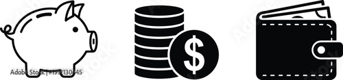 Finance silhouette illustration set, three black icons piggy bank coins wallet money saving spending design, vector artwork, economy and business theme, isolated background