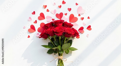 Red roses bouquet with falling heart confetti on white background romantic celebration