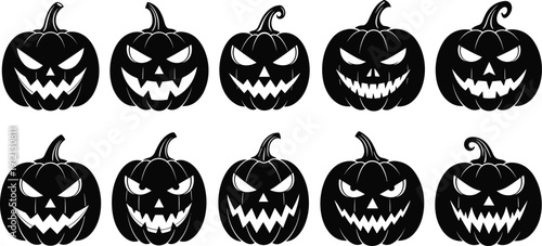 Jack-o’-lantern silhouette illustration set, ten black icons carved pumpkin faces varied expressions stem design, vector artwork, holiday and Halloween theme, isolated background