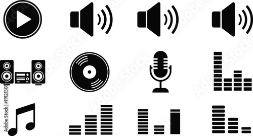 Audio and music icon set with speakers microphone vinyl record equalizer bars isolated black vector illustration collection