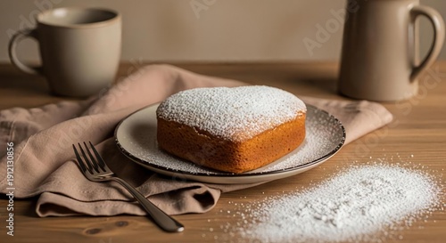 Powdered Sugar Cake on Plate with Coffee Cups and Fork on Wooden Table