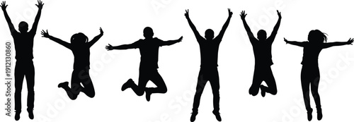Jumping silhouette illustration set, six black icons energetic poses raised arms celebration movement design, vector artwork, lifestyle and activity theme, isolated background
