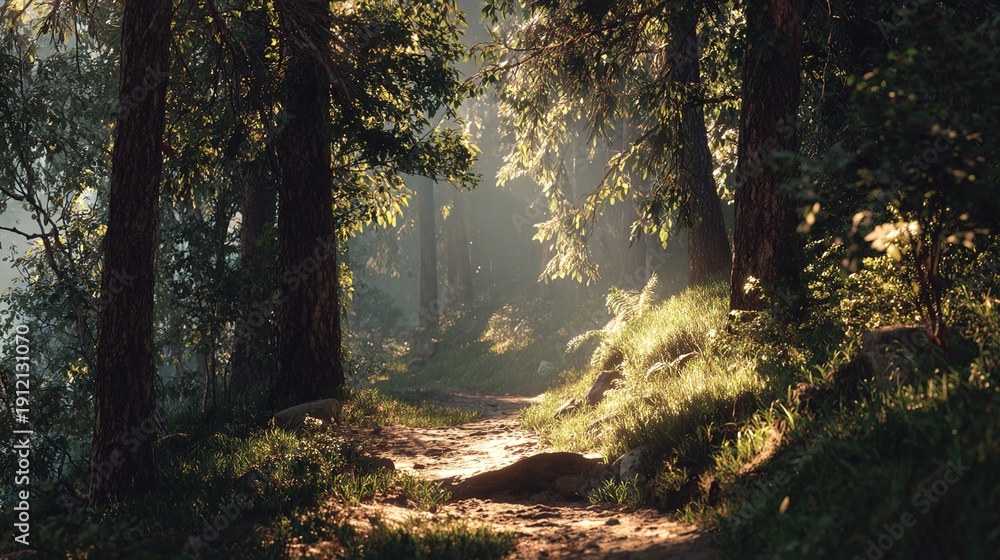 Obraz premium Sunlit Forest Trail: A serene path weaves through a sun-dappled forest, inviting exploration and offering a sense of peace amidst nature's embrace. 