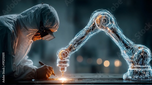 Technician in protective gear working with robotic arms in industrial setting