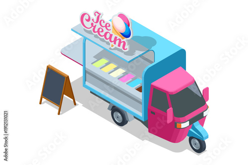 Three-wheeled small truck. Ice cream food truck. Isometric an ice cream food truck with service window and signboard, colorful dessert vehicle for street sales, summer sweet food concept.