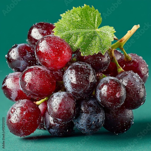 Fresh red grapes with water drops on green background