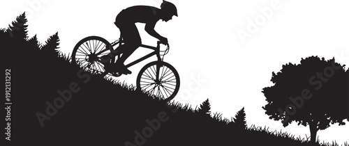 Silhouette of a mountain biker riding downhill through trees and grass also transparent background bicycle