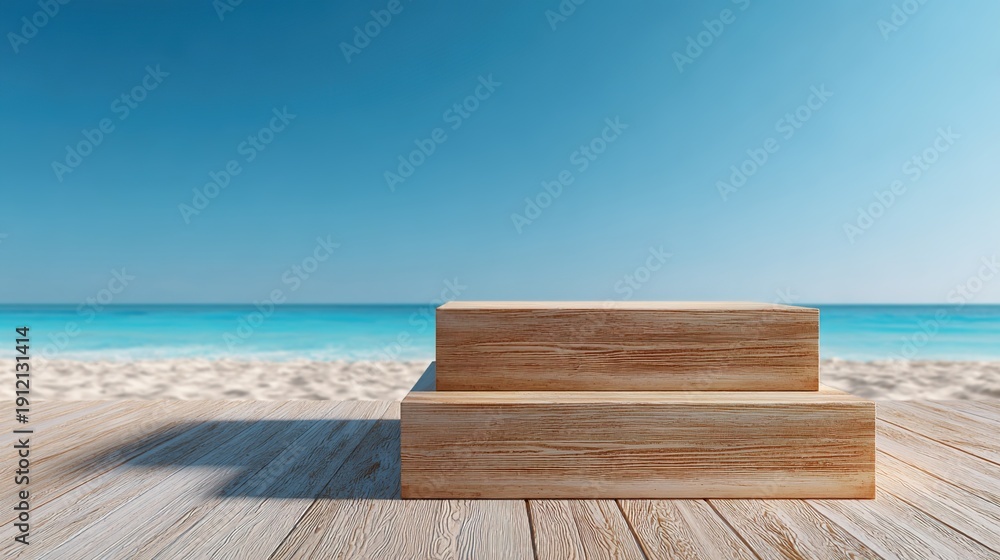 Fototapeta premium Serene Stage on the Shoreline: Wooden platforms set against a backdrop of the serene beach and vibrant ocean under a clear sky. A perfect scene for product display and design concepts.