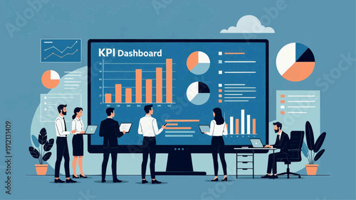 People discuss charts and graphs on a large screen display in an office