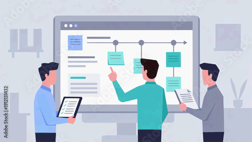 People discuss workflow on a large computer screen in an office