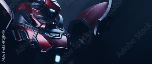 3D render of a futuristic sci-fi mecha samurai bust. Heavy metal red and grey armor with realistic scratches and glowing eyes. Dark background, cinematic lighting, cyberpunk mech warrior concept art.