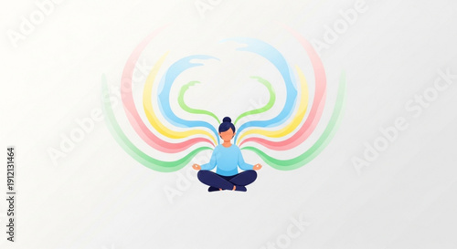 Woman meditating with vibrant colorful energy flowing around her head