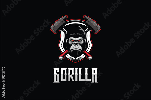 Gorilla head with cross post-apocalyptic mallet style mascot logo vector image template