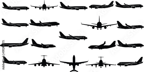 Collection of Commercial Airplane Silhouettes Showing Passenger Jets from Multiple Angles Isolated on White Background for Aviation, Travel, and Transportation Design Use