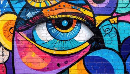 Vibrant street art graffiti mural depicting large colorful eye with geometric patterns and bright blue iris on brick wall