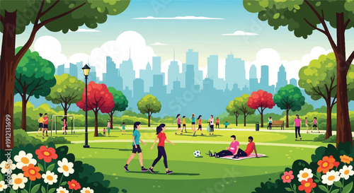 People Gather in a Cartoon Park Scene with City Skyline and Colorful Flowers