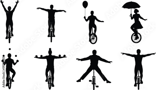 Silhouette collection of unicycle performers balancing juggling and riding with umbrella and balloon isolated vector illustration set on white background