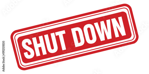 Red shut down stamp isolated on white background with white text