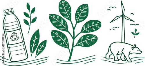 Green Environmental Sustainability Icons Featuring Recycling Plastic Bottle Large Plant Leaves Wind Turbine and Polar Bear