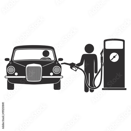 Flat vector illustration of classic automobile being refueled at gas station by service worker on isolated transparent background