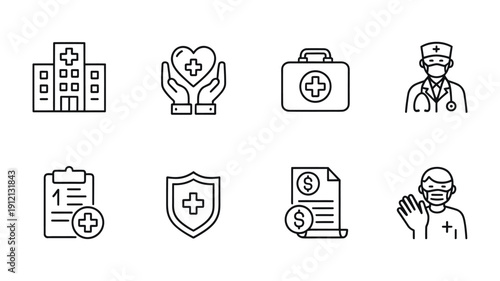 Set of medical line icons featuring hospital building first aid kit heartbeat doctor clipboard and health insurance shield signs