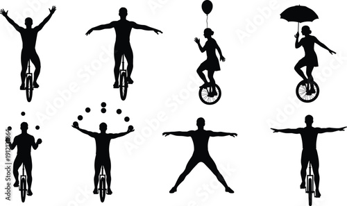 Unicycle performer silhouettes juggling balancing and riding with umbrella and balloon isolated black vector illustration set on white background