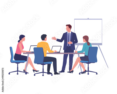 Business presentation scene with male speaker standing by flip chart talking to diverse group of colleagues at conference table
