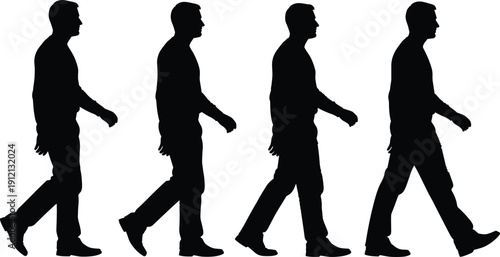 Set of four male silhouettes walking in side profile, sequential motion study showing step progression isolated on white background for design use