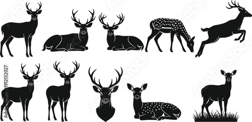 Silhouette illustration of multiple deer in diverse poses including standing, grazing, leaping, and resting, wildlife animal collection concept for creative design, nature art, and stock photography