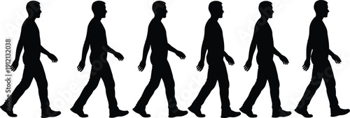 Set of walking man silhouettes in side view sequence isolated on white background, male person stride motion collection, human walking cycle illustration for design
