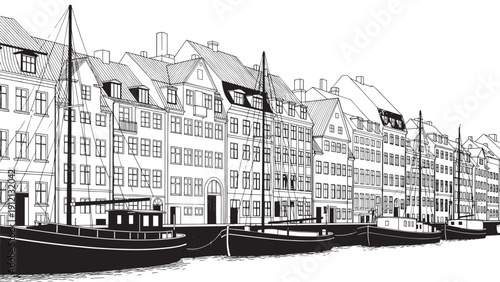 Row of historic European canal houses lining a picturesque waterfront cityscape.
