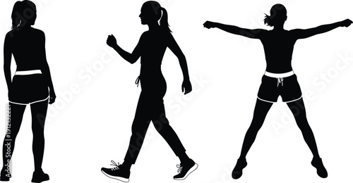 Silhouette of Three Active Women Performing Fitness Exercises, Walking and Jumping Jack Workout Poses Isolated on White Background for Healthy Lifestyle Concept