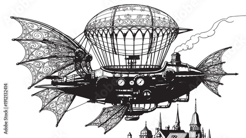 Steampunk Airship Vessel with Balloon, Gears and Ornate Brass Propulsion in a Fantastical Flight.