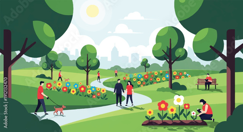 Sunlit park stroll with people, dogs, flowers, and sunshine in a lively green setting