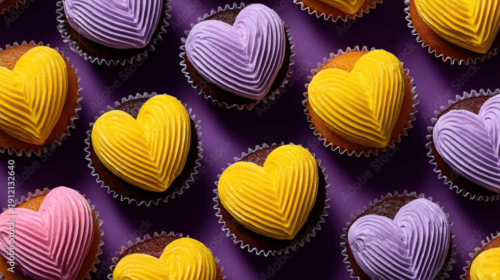 Obraz premium Heart shaped cupcakes with yellow, purple, and pink frosting on purple background, colorful dessert for celebration or romantic occasion