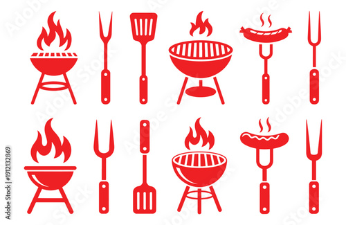 BBQ grill icon set. Barbecue, bar-b-q, spatula, grill fork, picnic, fire - stock vector.