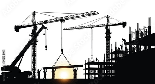 Cranes, Workers, Sun Illuminate Construction Site in Silhouette