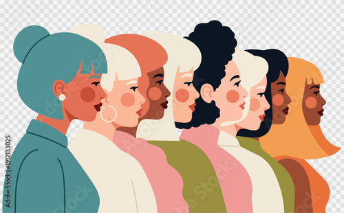 Diverse vector illustration of eight women with varying skin tones and hairstyles standing in profile, isolated on transparent background, ideal for social media or presentation graphics.
