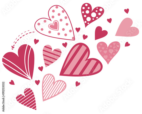 A delightful array of hearts in various shades of pink and red scattered across a white background