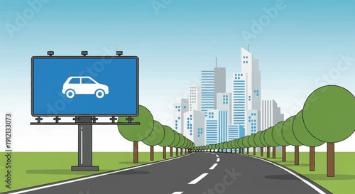 Cartoon Billboard, Car Silhouette, Asphalt Path, Trees, Urban Journey
