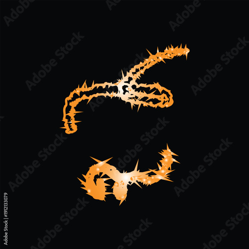 Fiery orange abstract forms resembling thorns or plant stems on black