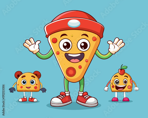 A cheerful pizza character with a red hat and a slice of pizza on its head, accompanied by two small animal friends.