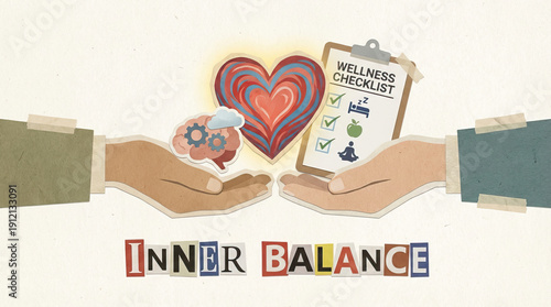 Inner balance concept with hands holding brain, heart, and wellness checklist icons symbolizing mental and physical health harmony and self care practices for well being