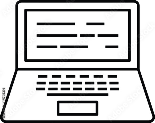 Vector linear icon of an open laptop computer featuring a keyboard trackpad and simplified text on the screen for technology education and business branding