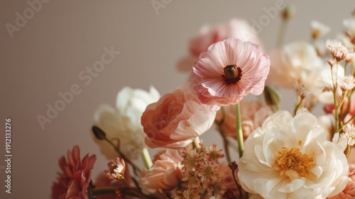 A close-up of a bouquet of flowers, featuring a mix of pink, white, and peach-colored blooms, with a soft, blurred background that highlights the delicate petals.