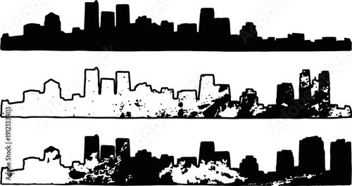 City skyline silhouette set in black and white with high rise buildings and urban architecture