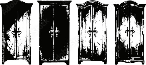 Vintage wooden wardrobes with decorative carved doors in black and white silhouette