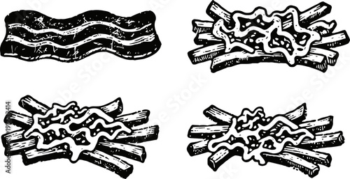 Four vintage black and white illustrations of cooked bacon strips