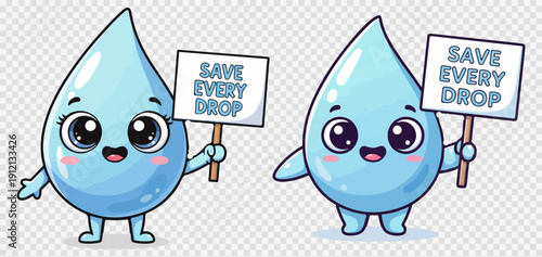 World Water Day | Cute vector water drop character holding a 'Save Every Drop' sign, isolated on transparent background, perfect for environmental campaigns and educational materials.