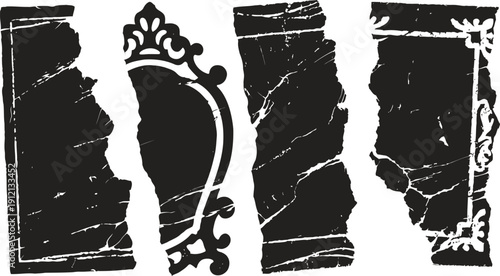 Torn vintage paper with black and white ornate frame background, grunge antique textured edges